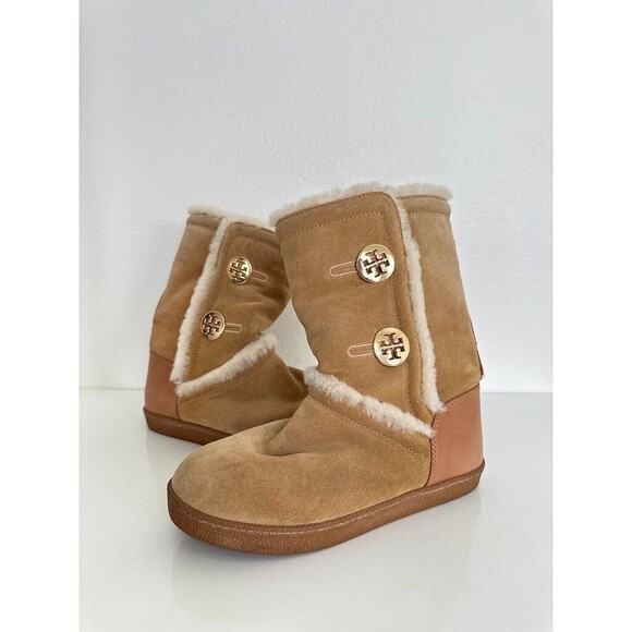 Tory Burch Shearling Leather Mid Calf Boots Gold Detail Fur Lined Women's 6.5 - Picture 2 of 13
